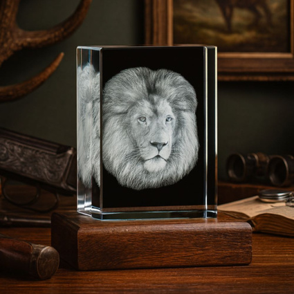 Lew – trójwymiarowe zdjęcie 3D wygrawerowane w kryształowej statuetce 150×200×100 mm