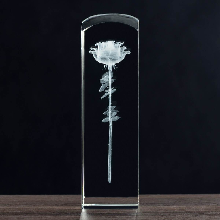 Prezent ślubny Róża 3D w kryształowej kolumnie - duża statuetka + etui