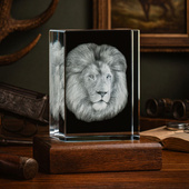 Lew – trójwymiarowe zdjęcie 3D wygrawerowane w kryształowej statuetce 150×200×100 mm