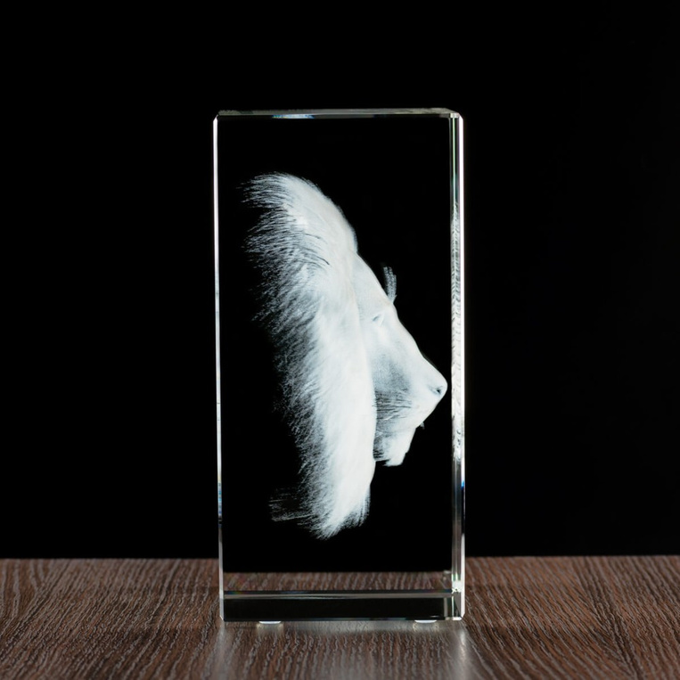 Fotolampka 3D Lew – kryształowa statuetka z grawerunkiem 3D i podstawką LED 200×150×100 mm