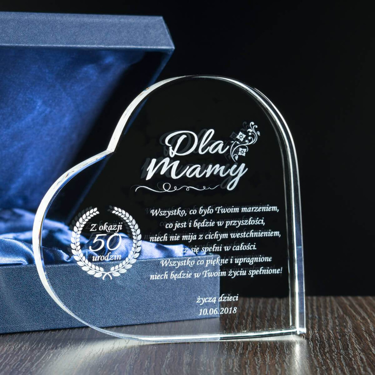 Serduszko kryształowe z dedykacją DLA MAMY w eleganckim etui