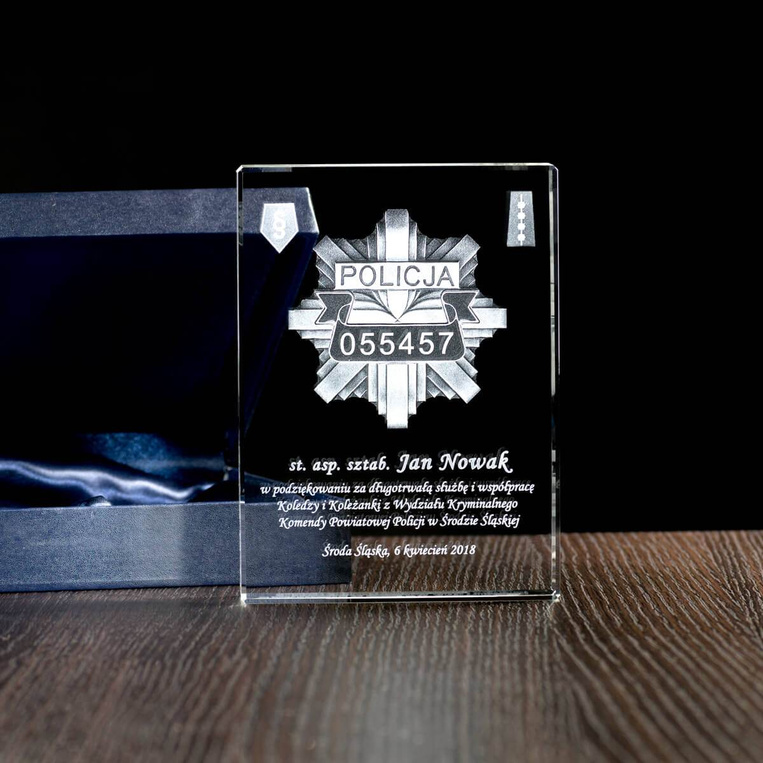 Podziękowania dla Policjanta statuetka Płyta Płaska Odznaka i ID policjanta