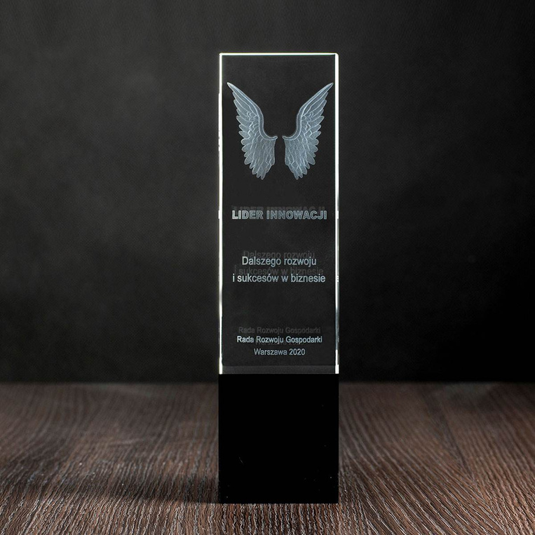 Prezent DLA LIDERA INNOWACJI - grawerowane skrzydła w krysztale 3D i dedykacja