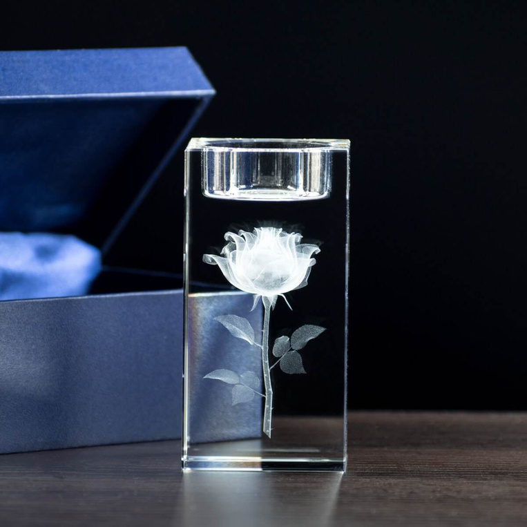 Róża 3D - Kryształowy świecznik z twoim grawerem