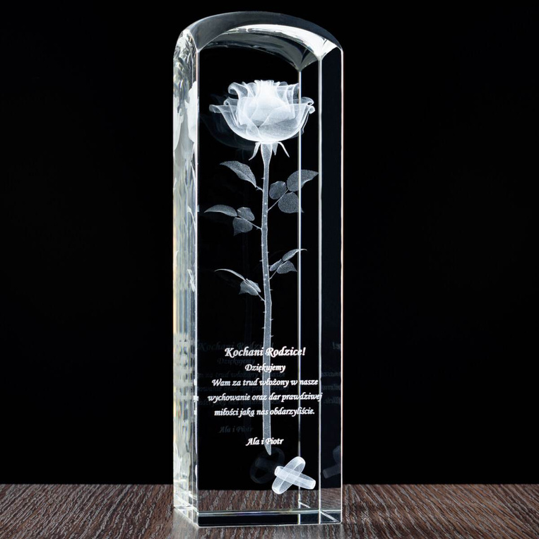 Róża 3D w dużej kryształowej statuetce 220×65×65 mm z dedykacją