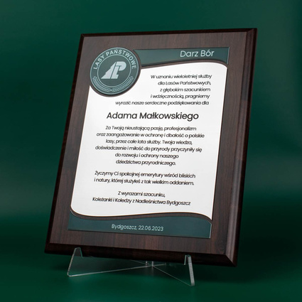 Prezent dla Leśnika 203x254 mm - grawerowany dyplom Nadleśnictwo