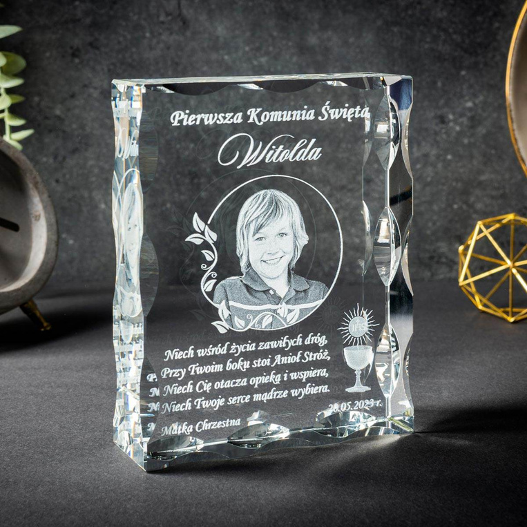 Zdjęcie w szkle z dedykacją Pamiątka na Komunie Świętą od Chrzestnej