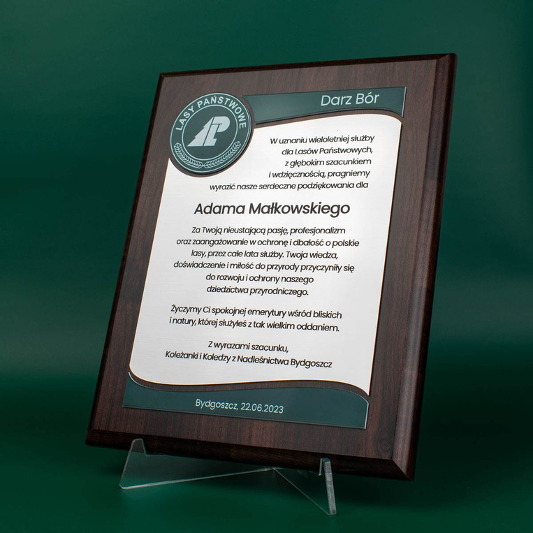 Prezent dla Leśnika 203x254 mm - grawerowany dyplom Nadleśnictwo