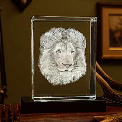 Fotolampka 3D Lew – kryształowa statuetka z grawerunkiem 3D i podstawką LED 200×150×100 mm