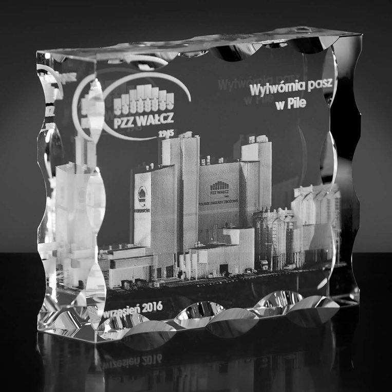 Budynek firmowy 3D - zdjęcie obiektów firmy wygrawerowane szkle