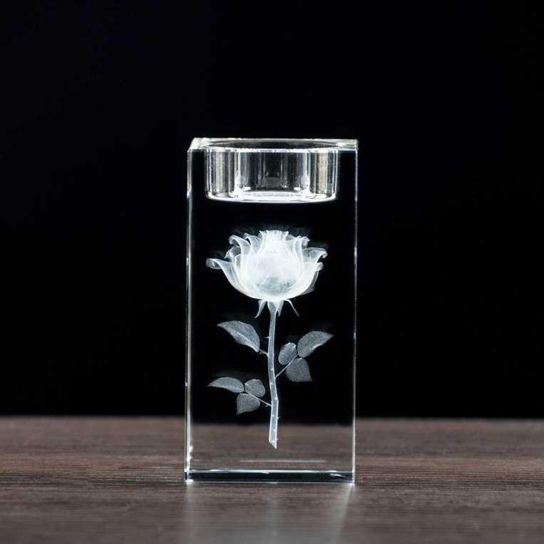 Róża 3D - Kryształowy świecznik z twoim grawerem