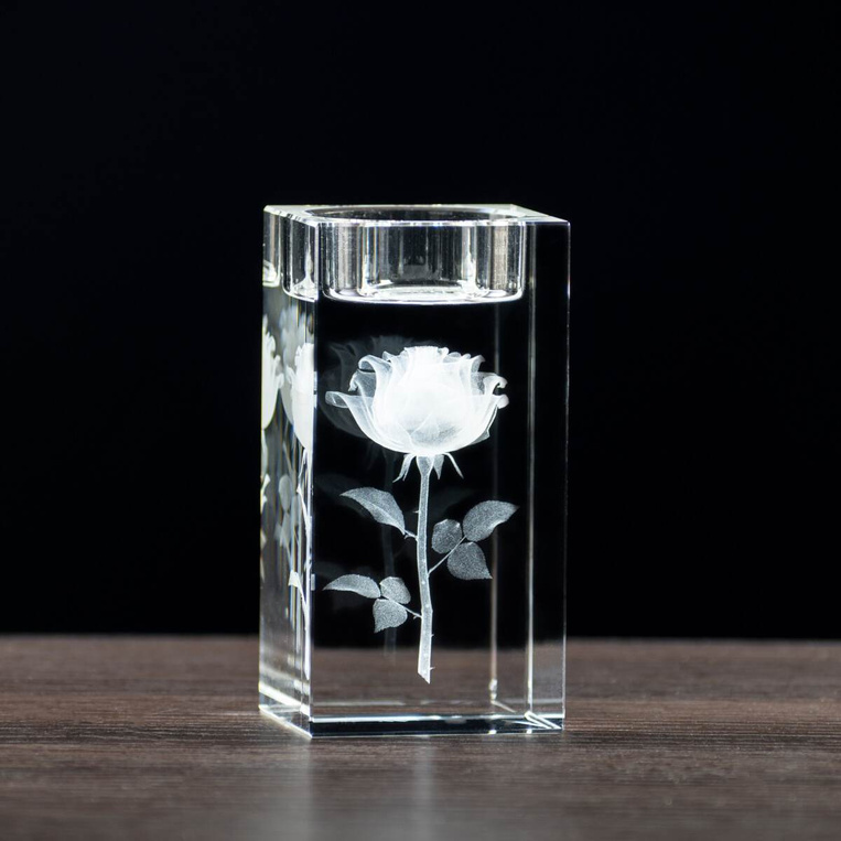 Róża 3D - Kryształowy świecznik z twoim grawerem