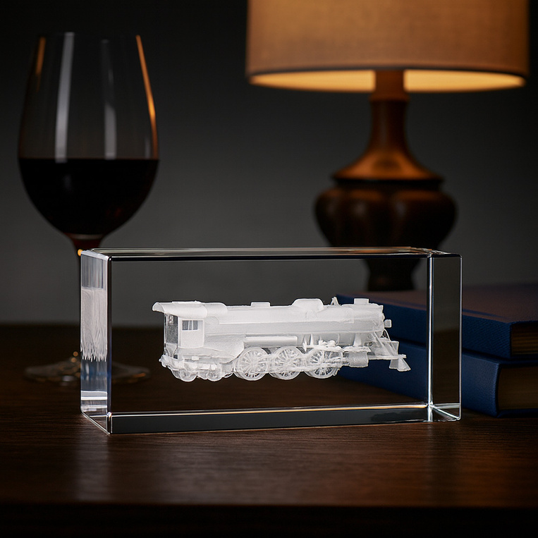 Pociąg 3D wygrawerowany w kryształowej statuetce - Statuetka firmowa