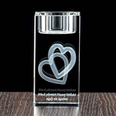 Świecznik z kryształu z grawerem - Dwa splecione serca 3D oraz Twoja dedykacja