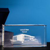 Szklana Statuetka firmowa - budynek 3D, nowa siedziba firmy