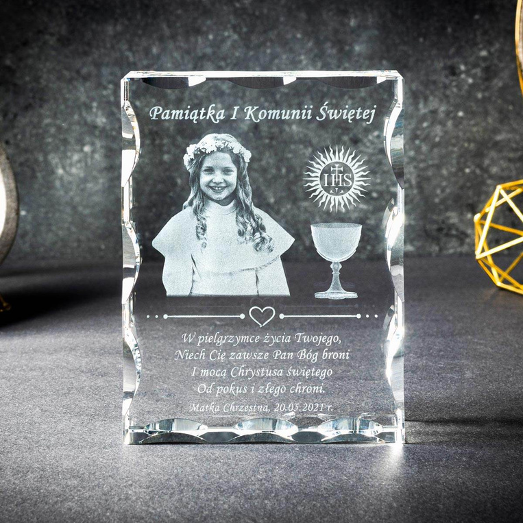 Zdjęcie 3D w krysztale z dedykacją - Pamiątka I Komunii Świętej