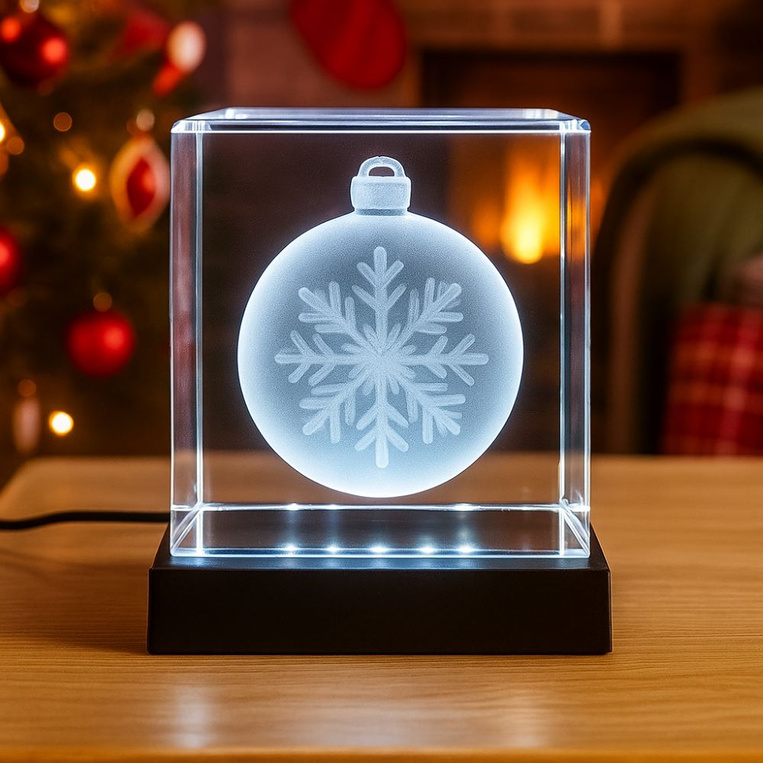 Bombka 3D w krysztale 100x100x100 mm z podstawką LED – świąteczna dekoracja