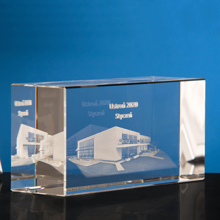 Szklana Statuetka firmowa - budynek 3D, nowa siedziba firmy