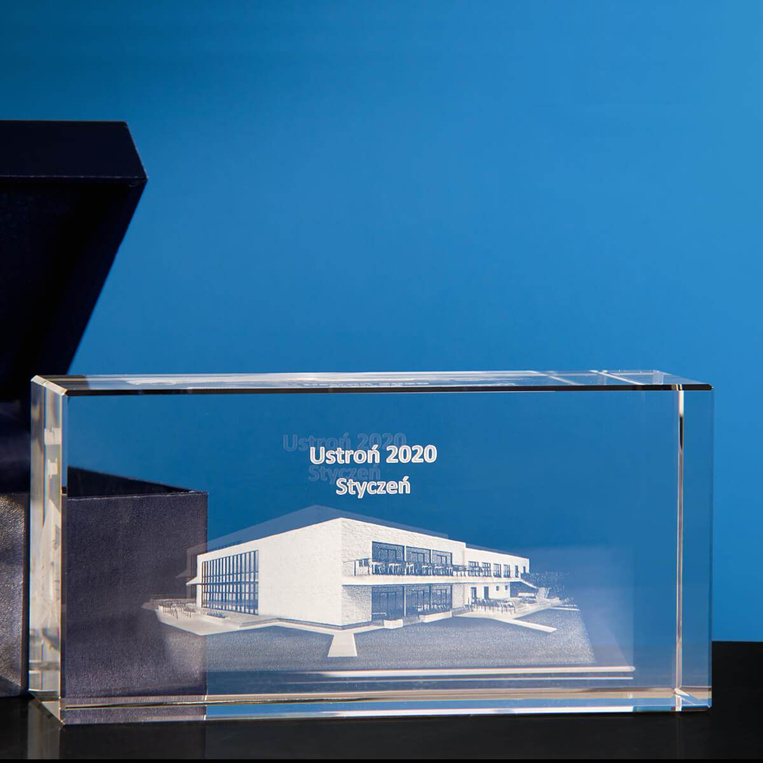 Szklana Statuetka firmowa - budynek 3D, nowa siedziba firmy