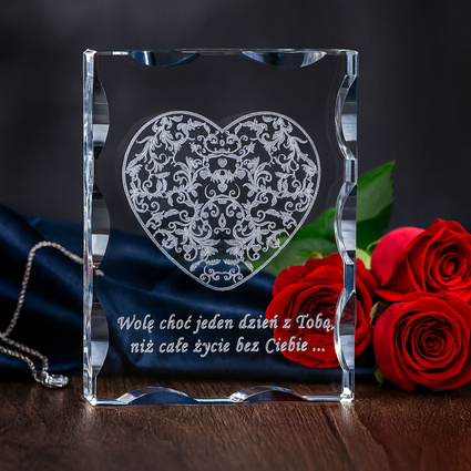 Prezent na rocznicę - ażurowe serce w szkle z Twoją dedykacją - grawer w szkle