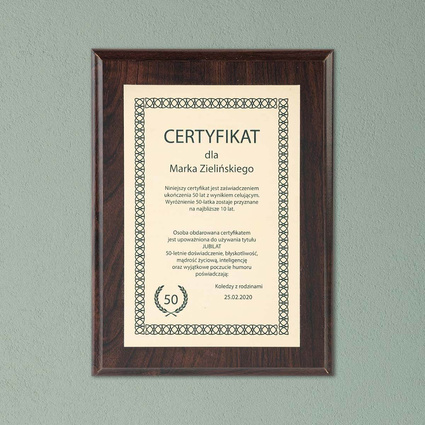 Dyplom Certyfikat Urodzinowy - 18 20 25 30 50 urodziny. Rozmiar 152x203 mm