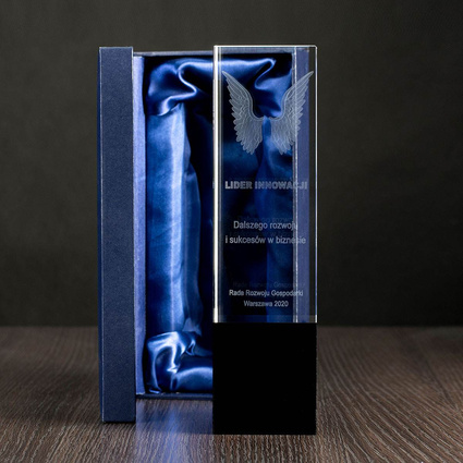 Prezent DLA LIDERA INNOWACJI - grawerowane skrzydła w krysztale 3D i dedykacja