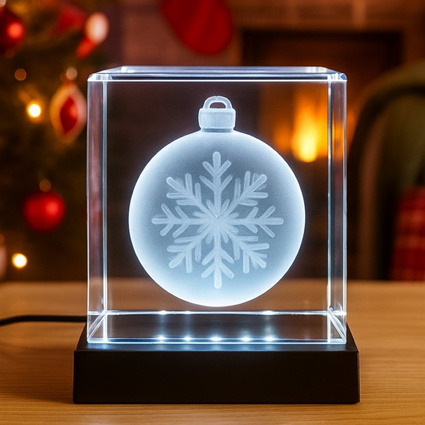 Bombka 3D w krysztale 100x100x100 mm z podstawką LED – świąteczna dekoracja